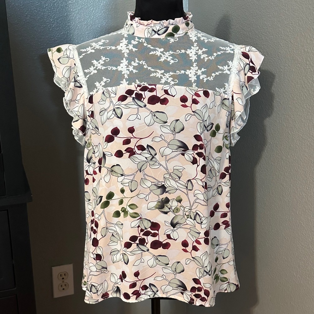 Luna Rae Blouse Medium Floral Lace Mock Neck Cottagecore Romantic Sheer Boho‎